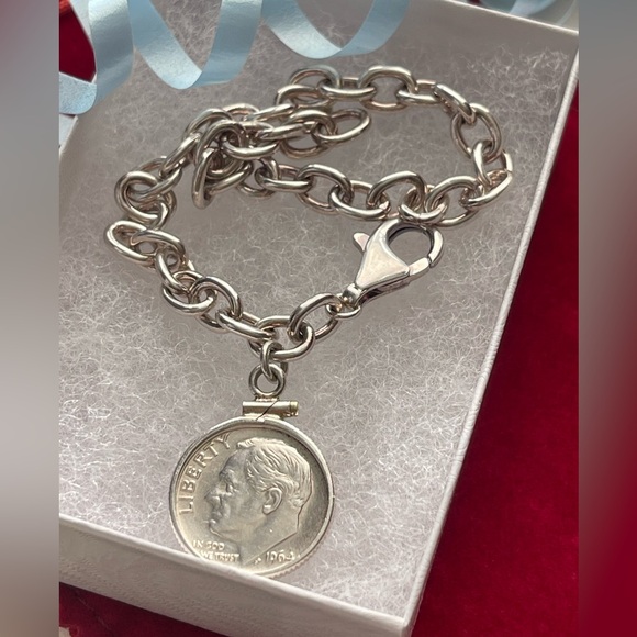 Silver dime coin charm bracelet - Picture 3 of 5